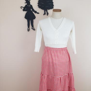Vintage 1960's Gingham Skirt / 70s Red and White Skirt L 
