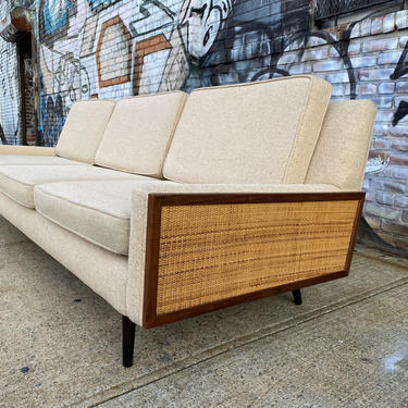 Mid century modern minimalist danish daybed sofa couch bed wood frame new upholstery tan woven fabric cane arms 
