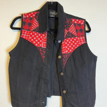 2) Vintage black and red bandanna paisley patchwork denim vest sleeveless button down western 