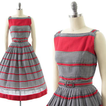 Vintage 1950s Sundress | 50s Striped Gingham Cotton Red Black Full Skirt Day Dress (x-small) 