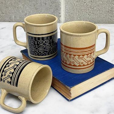 Vintage Mug Set Retro 1970s Bohemian + Japanese + Tan Ceramic Frame + Black + Orange + Geometric Prints + Set of 3 + Coffee + Tea + Kitchen 