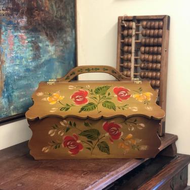 Vintage Large Hand Painted Box Floral Flowers Wood Box Flowers Drawing Signed Alice Holmes 1980s Retro mid century Sewing Farmhouse 