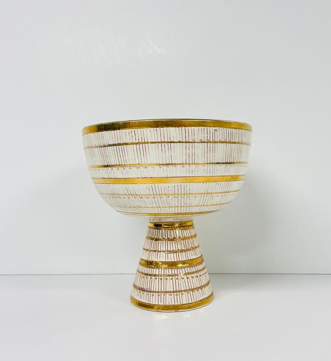 Vintage Bitossi Pottery / Italian / Pedestal / Gold / White / Signed / 10/ 30 / MA / Made in Italy 