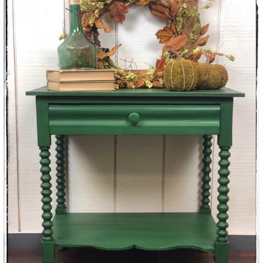 Antique side table with spool-turned legs, one drawer (lined), painted Opulence (Green), Free Aldie VA Pickup, Shipping/Delivery extra 