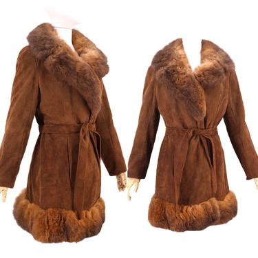 70s PENNY LANE brown suede & fur trim coat M / vintage 1970s possum almost famous tie COAT jacket 60s 