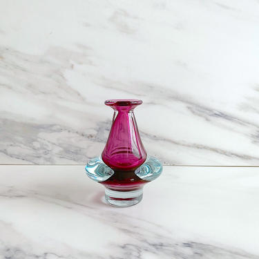 Vintage Italian Murano Art Glass Hooped Bottle Vase Purple &amp; Clear 4.25&amp;quot; Tall Artist Signed E L 