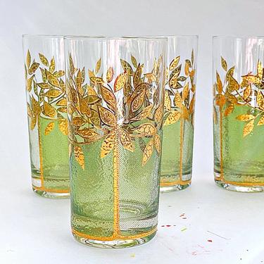 4  Vintage Culver highball glasses Green & gold cocktail bar glasses Post modern barware decor 