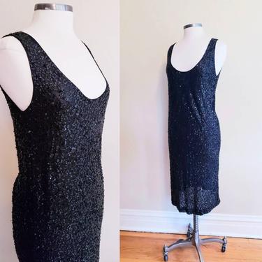 1990s Black Sequined Dress Donna Karan New York / 90s Shift Sleeveless Party Dress Evening Gala Bombshell / Large 