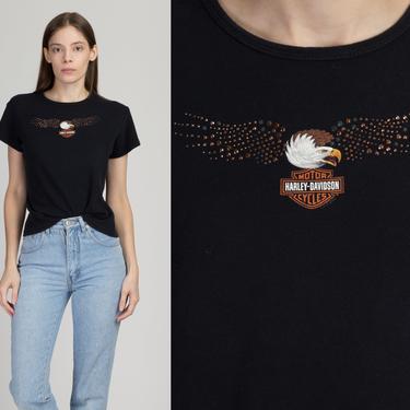 Vintage Smoky Mountain Harley Davidson Women's T Shirt - Large | Y2K Bald Eagle Studded Graphic Fitted Biker Chick Tee 