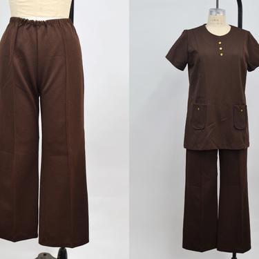 Vintage 1960s Brown Mod Pants & Top Set, 70s Two Piece Bell Bottom Set, 60s Mid Century, 70s Boho Hippie , Size Large, Bust 42&quot; by Mo