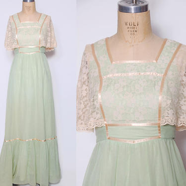 Vintage 70s Boho WEDDING DRESS Mint Green LACE Maxi Dress 70s Prairie Dress Hippie Maxi Dress 