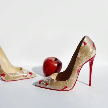 CHRISTIAN LOUBOUTIN Tan &amp; Red Patent Paper Logo Pointed Toe Pumps