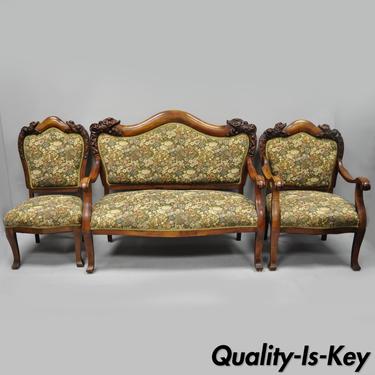 3 Pc Victorian Empire Mahogany Dolphin Carved Parlor Set Settee Armchair &amp; Chair
