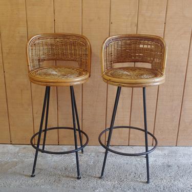 Vintage Modern Swivel Wicker and Wrought Iron Bar Stools - Set of 2 