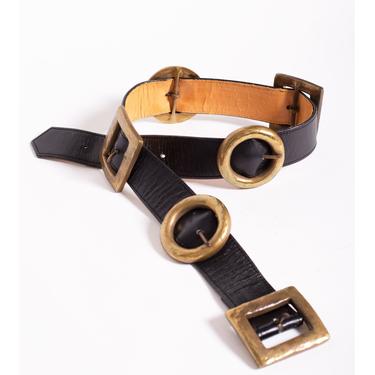 1990s Calfskin Leather Belt with Brass Circle + Square Metal Buckles Links by En Soie Couture Zurich Statement Gold 