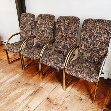 Set of 4 Milo Baughman Style High Back Floral and Brass Cantilever Chairs, brass plated chairs, brass upholstered floral chairs 