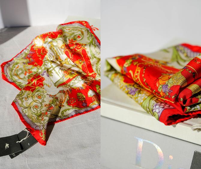 Vintage Etro DEADSTOCK Silk Floral and Royal Fruit Print Hand Rolled Scarf | 100% Silk | Made in Italy | Designer Scarf 