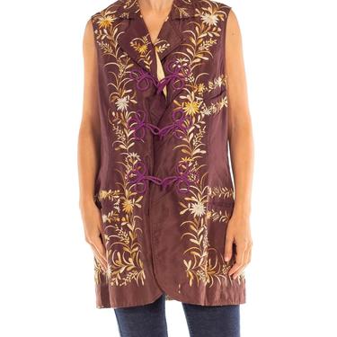 Victorian Egg Plant  Gold Floral Embroidered Silk Quilted Vest 