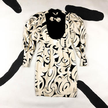 80s Cabale Cachet Black and White SIlk Dot Dress / Abstract Design / Bowtie / Duochromatic / Op Art / Silk / Small / Mutton Sleeve / S / 