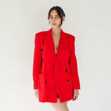 Vintage 90s Escada Red Velvet Angora Wool Double Breasted Blazer w/ Large Black Buttons | Made in Germany | 1990s Designer Power Jacket 