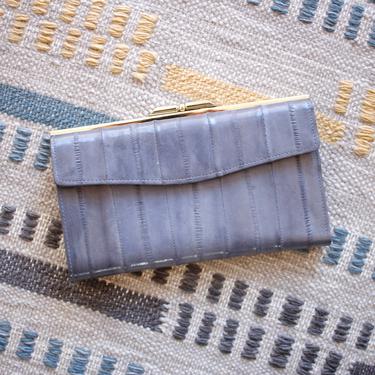 Vintage 1980s Blue Eel Skin Leather Wallet - Blue Leather &amp; Gold Hardware Clutch 