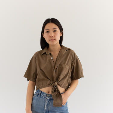 Vintage Overdye Mushroom Brown Short Sleeve Crop Tie Shirt | Simple Cotton Work Blouse | S M | 