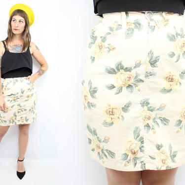 Vintage 90's Yellow Rose Linen Cotton Denim Skirt / 1990's ESPRIT Spring High Waisted Skirt / Women's Size XS / Small  / 25&amp;quot; Waist by Ru