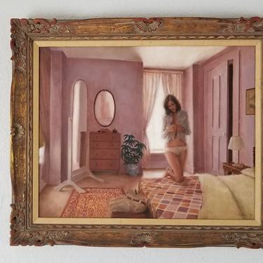 1975 Vintage Interior Scene  With A Woman Dressing  By  G. K Holden  Still Life Painting . 