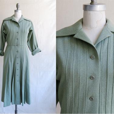 Vintage 60s 70s Lanvin Sage Green Shirtwaist Dress/ Size Medium 