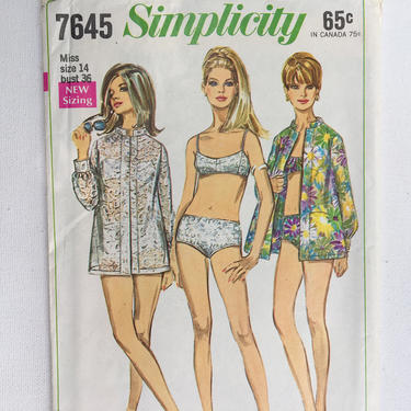 60's Simplicity 7645 Pattern, Misses' Bikini And Cover Up, Size 14, Bust 36 