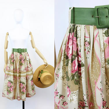1950s deadstock rose print skirt | vintage novelty ribbon print skirt | xs 