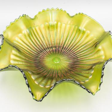 Northwood Stippled Rays Green Carnival Glass Bowl, Ruffle Edge | Antique Iridescent Glass 