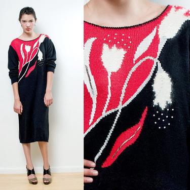 Sweater Dress Vintage 80s Angora Tulip Knit Knitted Black Red Beaded long sleeves L large 