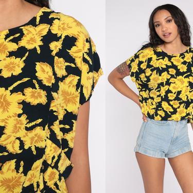 90s Floral Shirt Yellow Floral Blouse Black Rayon Short Sleeve Top Grunge Boho 1990s Vintage Bohemian Patterned Small Medium Large 