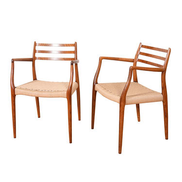 Pair, Rosewood Arm Chairs with Danish Cord Seats by Niels Moller