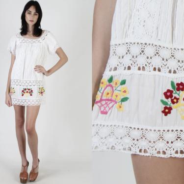 White Crochet Mexican Tunic / Vintage 70s Bright Floral Embroidered Dress / Womens White Cotton Crochet Lace Pintuck Tent Mini Dress 