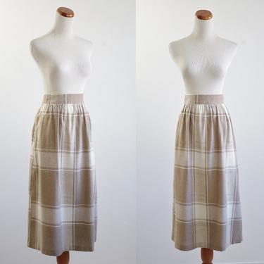 Vintage Women's Plaid Skirt, 80s Skirt, Beige Brown and Cream White Skirt, Wide Waist band Knee Length Flared A Line Skirt, Large 