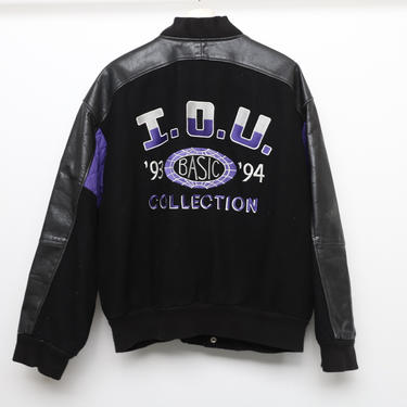 vintage I.O.U. 1994 color block LETTERMAN jacket black & purple Men's Size Medium jacket 