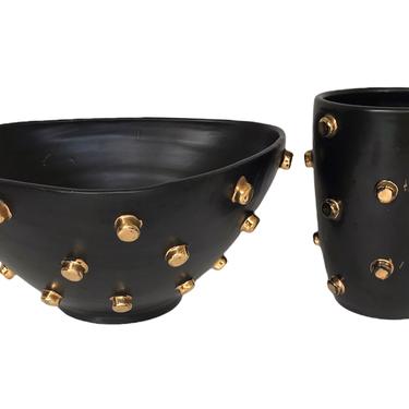 Alvino Bagni Attribute, Pair Modern Brutalist Black &#038; Gold Ceramic Vessels Bitossi 1960s Italy