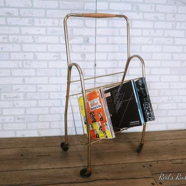 Mid Century Gold Wire Record Rack with Wheels 
