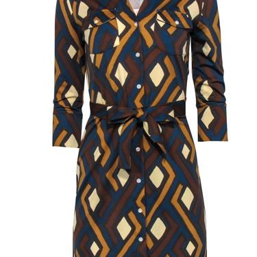 J. McLaughlin - Dark Blue, Brown & Tan Printed Button-Up Belted Shirt Dress Sz XS