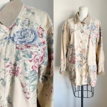 Vintage 1980s Khaki Floral Chore Coat / Jacket // M 