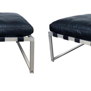 A Rare Pair of Jørgen Høj (Danish, 1925–1994)  Aluminum Stools/Benches with Black Leather Cushions
