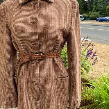 70’s Rusty tweed wool blazer~ nubby micro-check print wooly long suit jacket~ 1970s preppy plaid ~size medium 