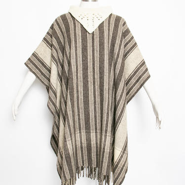 1970s Poncho Gray Striped Wool Fringe Boho Hippie Cape 