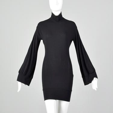 XXS-XS Yohji Yamamoto 1990s  Black Dress Sexy Bodycon Turtleneck Long Bell Sleeves Designer LBD 90s 