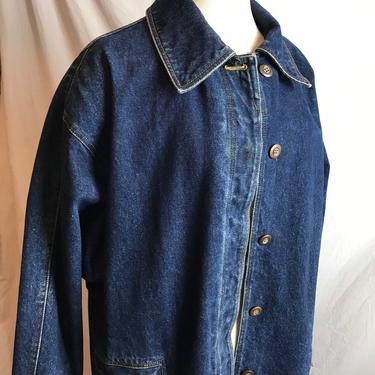 80’s-90’s denim duster~ indigo dark denim jacket plaid lining~ heavy industrial cotton Unisex oversized boxy large~ shop coat/ blue &amp; red 