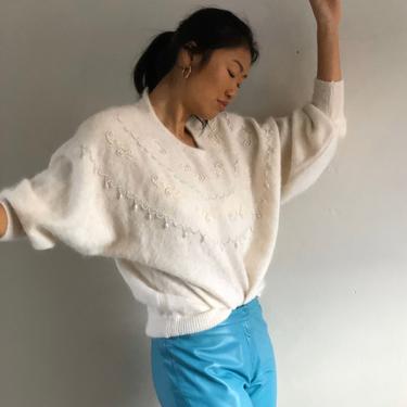 90s angora pearl batwing sweater / vintage white angora embellished pearl batwing embroidered fuzzy cozy sweater | L 