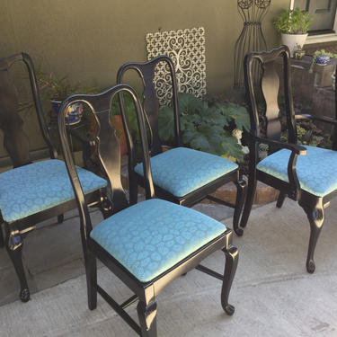 SOLD! 6 Queen Anne Dining Chairs in Black &amp; Turquoise by CalVintageDesigns