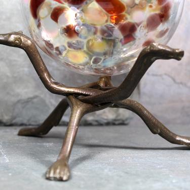 UNUSUAL Vintage Brass Interlocking Bowl Stand - Three Footed Bowl or Orb Stand - Collapsible - Dog Themed Stand  | FREE SHIPPING 